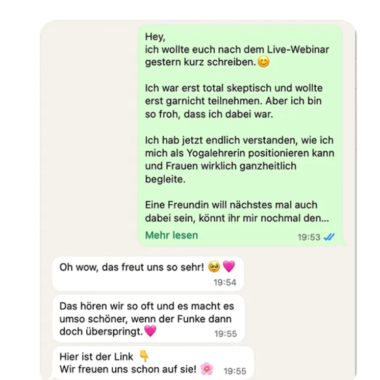WhatsApp-Feedback einer Teilnehmerin zum Live-Webinar